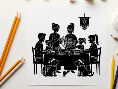 Family celebrating hanukkah with menorah silhouette