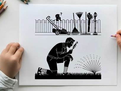 Silhouette of a man watering plants in a garden with tools
