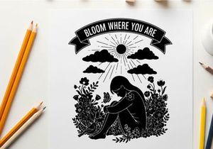 Silhouette of a person in a field with sun and flowers 'bloom where you are' silhouette