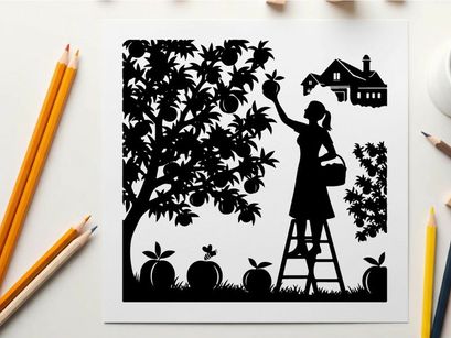 Silhouette of a woman picking apples from a tree in an orchard