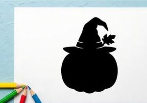 Silhouette de un sombrero de bruja con una escoba y una calabaza