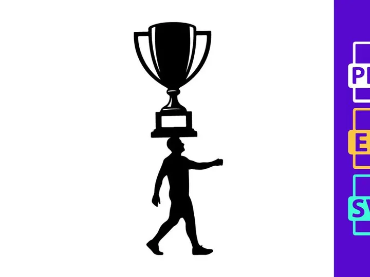 A person walking with a trophy on their head in a simple black silhouette graphic