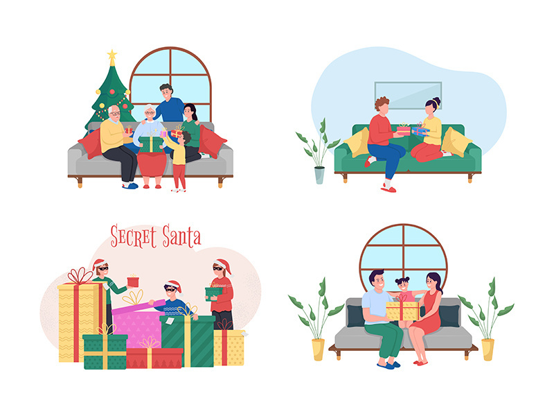 Christmas gift exchange 2D vector web banner, poster set