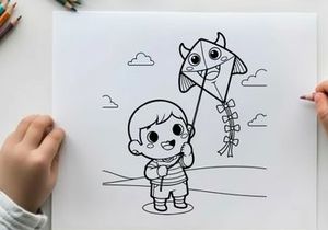 Child flying cow kite playful outdoor vector illustration