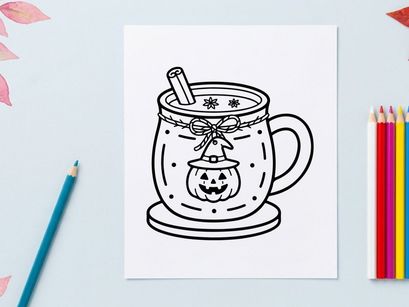 Halloween Kürbis-Tassen-Färbeseite. Festliche Herbstgetränke-Illustration für Kinderaktivitäten.