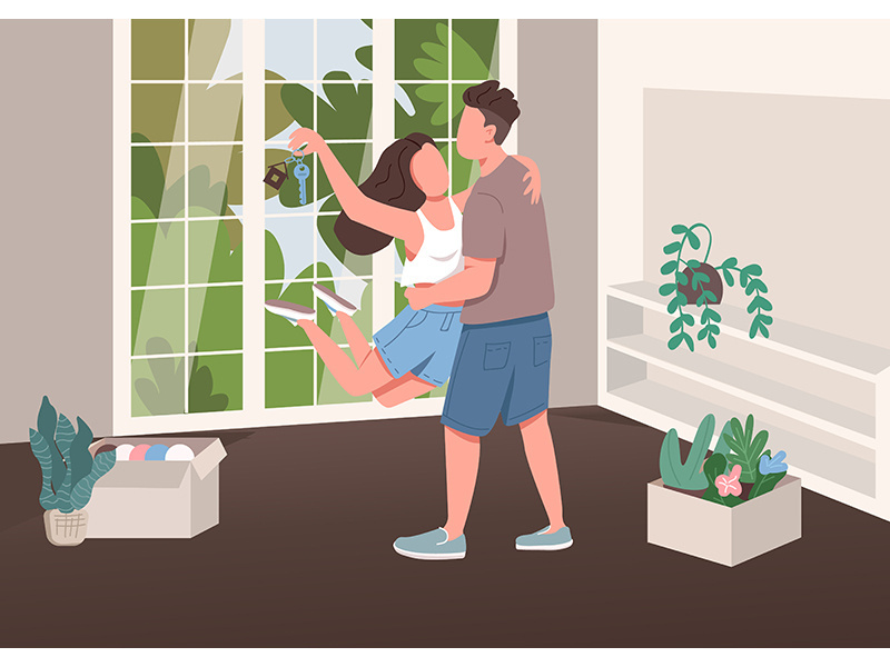 Young couple with new apartment key flat color vector illustration