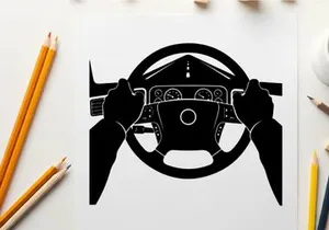 Silhouette of a car's steering wheel and dashboard