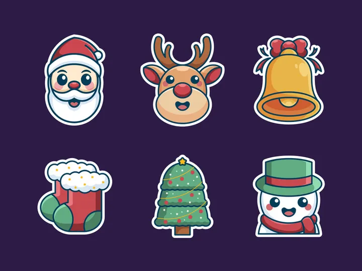 Cute doodle christmas stickers. Vector hand drawn images of candy, candles, star, gift, santa Claus hat, сhristmas cake, gingerbread. Merry christmas lettering.