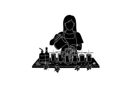 Silhouette of a woman mixing perfume in a laboratory setting with various bottles