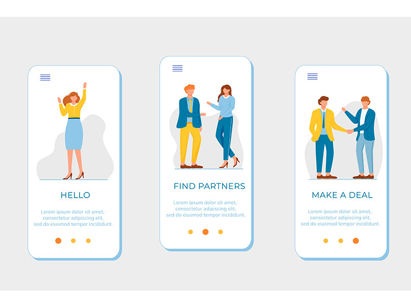 Business partnership onboarding mobile app screen vector template
