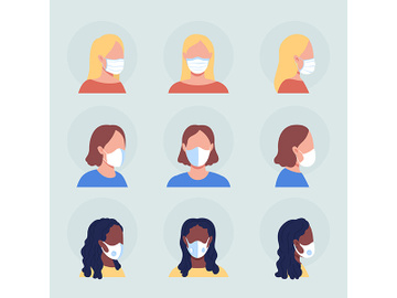 Ladies with white masks semi flat color vector character avatar set preview picture
