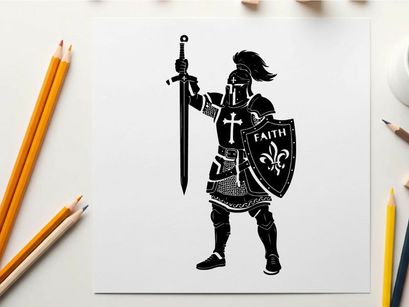 Medieval knight silhouette with cross and shield of faith