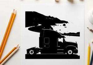 Silhouette of a semi truck on a coastal road with mountains