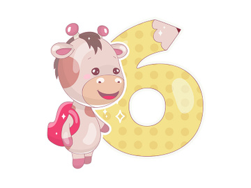Cute six number with baby giraffe cartoon illustration preview picture
