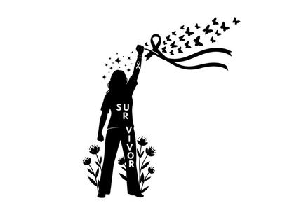 Silhouette of survivor releasing birds with ribbon symbolizing hope and freedom