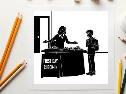 Silhouette of a woman and boy at a first day check in table silhouette