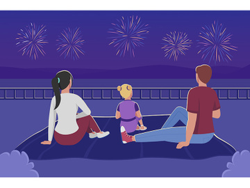 Family watching fireworks flat color vector illustration preview picture