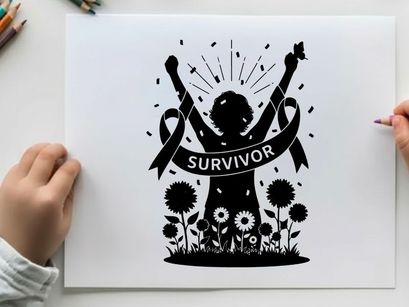 Silhouette of a survivor with flowers and ribbons in black and white