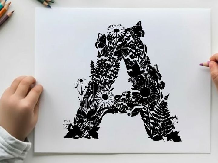Silhouette of letter a made of flowers and leaves