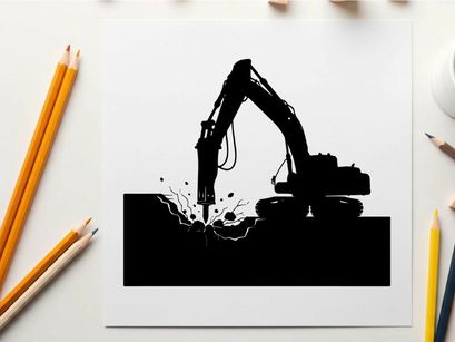 Silhouette of excavator digging into the ground with debris flying out