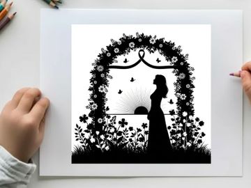 Romantic silhouette of woman standing before floral arch at sunset preview picture