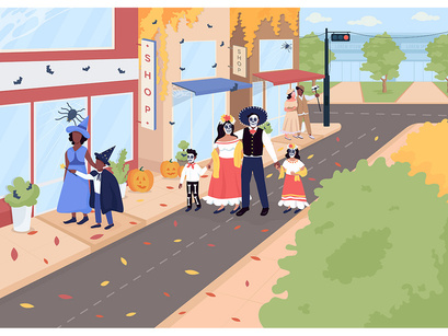 Trick or treat on Halloween flat color vector illustration set