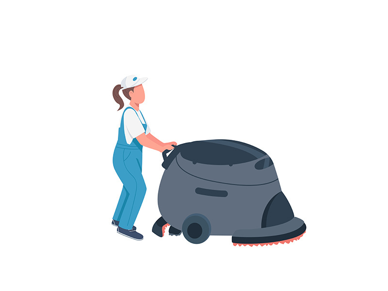 Janitor with cleaning machine flat color vector faceless character