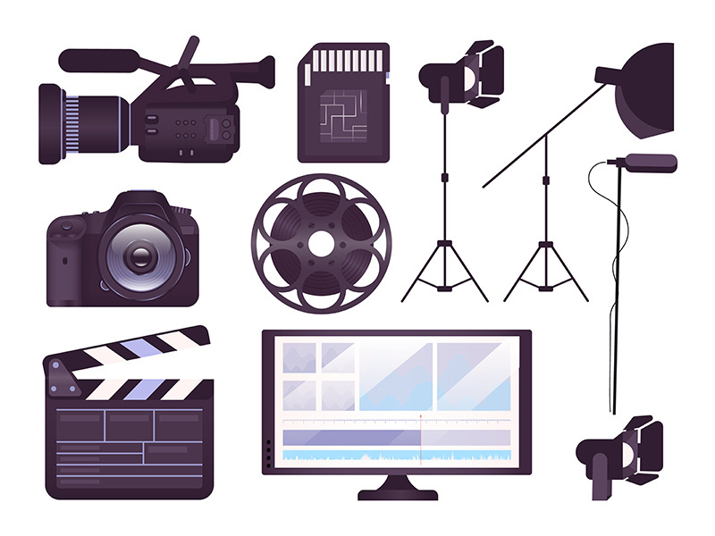 Video production equipment flat concept icons set