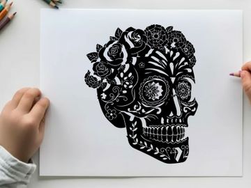Day of the dead sugar skull silhouette with flowers preview picture