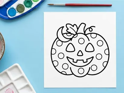Hand-drawn Halloween jack-o-lantern smiling with polka dots. Cute cartoon pumpkin face for festive autumn decorations and kids crafts.
