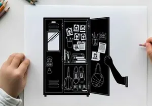 Silhouette of a vending machine with open door and arm