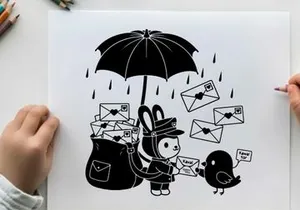 A silhouette of a postal worker with umbrella on a rainy day delivering mail