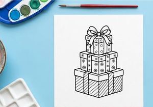 Stack of Christmas gift boxes with ribbons, black and white line art coloring page design.
