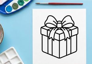 Icono de caja de regalo navideña con moño, ilustración vectorial de arte lineal simple en negro.