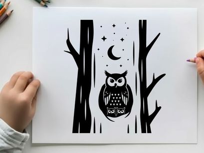 Silhouette of an owl in a forest at night
