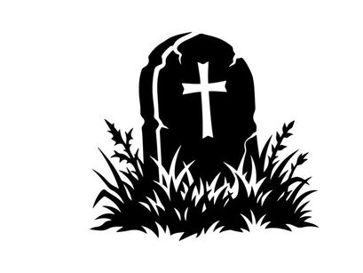 Silhouette of a gravestone with cross in a grassy cemetery scene