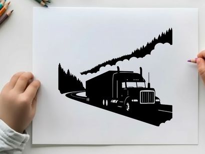 Semi truck driving on a winding road through a forest in silhouette