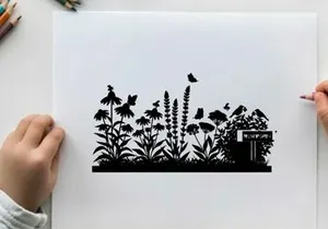 Black silhouette of garden scene with birds and flowers