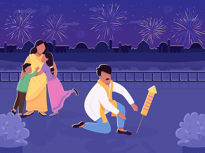 Indian family with fireworks flat color vector illustration