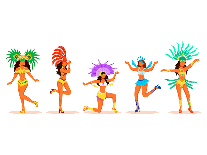 Brazil carnival dancers flat color vector faceless characters set
