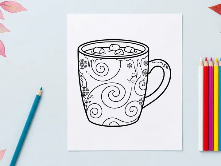 Line Art Illustration eines Bechers mit Marshmallows