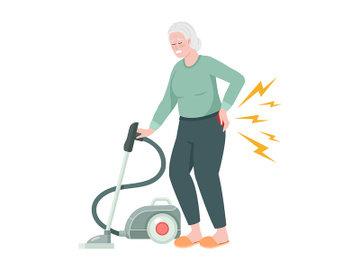 Senior woman with back pain while hoovering semi flat color vector character preview picture