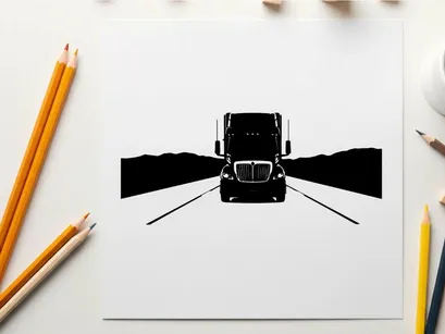 Truck silhouette on a road with mountains in the background silhouette