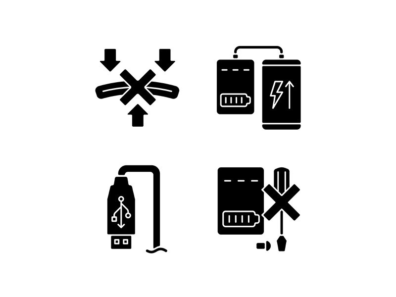 Powerbank proper use black glyph manual label icons set on white space