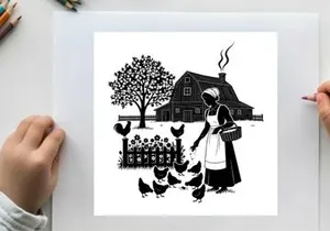 Silhouette of a woman feeding chickens in a rural setting