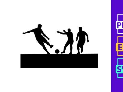 Silhouette of three soccer players in action on the field with a ball