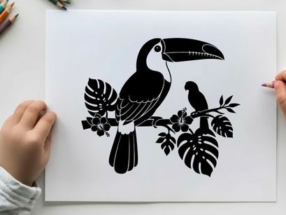 Silhouette of colorful toucan and tropical leaves on white