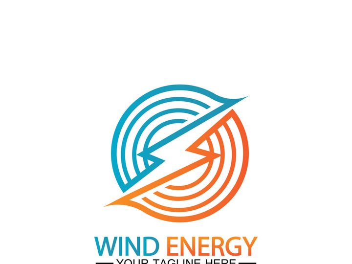 Wind energy logo. renewable energy icon with wind turbines and thunder bolt isolated on white background