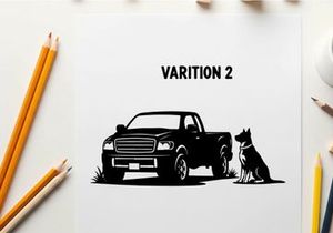 Silhouette of a pickup truck and dog in grass