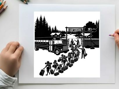 Silhouette of children arriving at camp sunshine with luggage